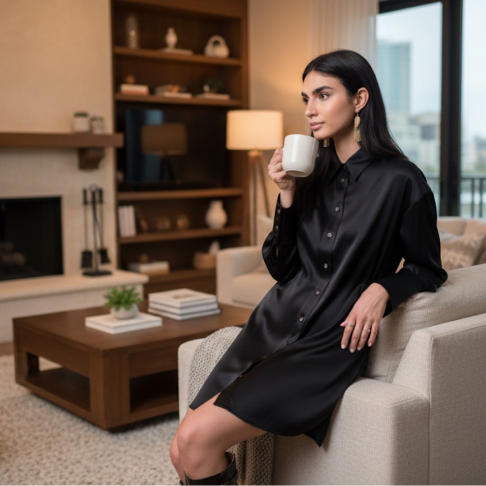 Banana Republic Silk Black Shirt Dress Long Sleeve Minimalist Small